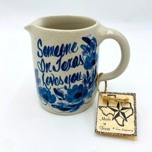 Yesteryear Stoneware Art Pottery Creamer Pitcher Mug Blue Text/Floral Design